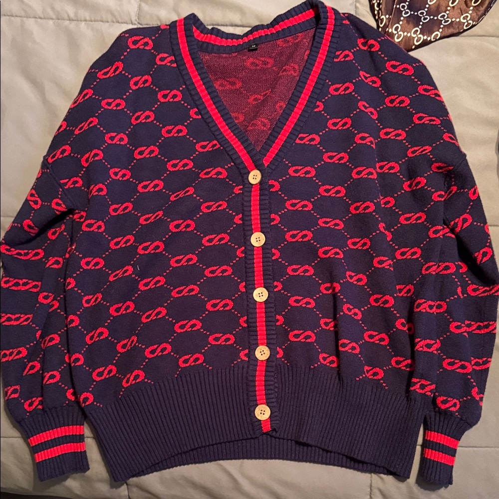 Navy and Red Women's Cardigan